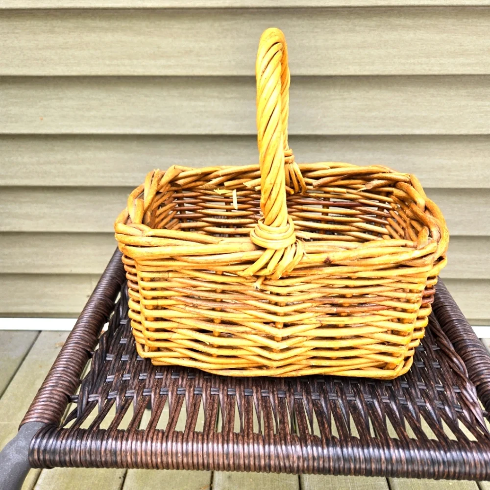Vintage, Handcrafted, Sturdy Woven Willow Basket, Honey Color, Rolled Rim